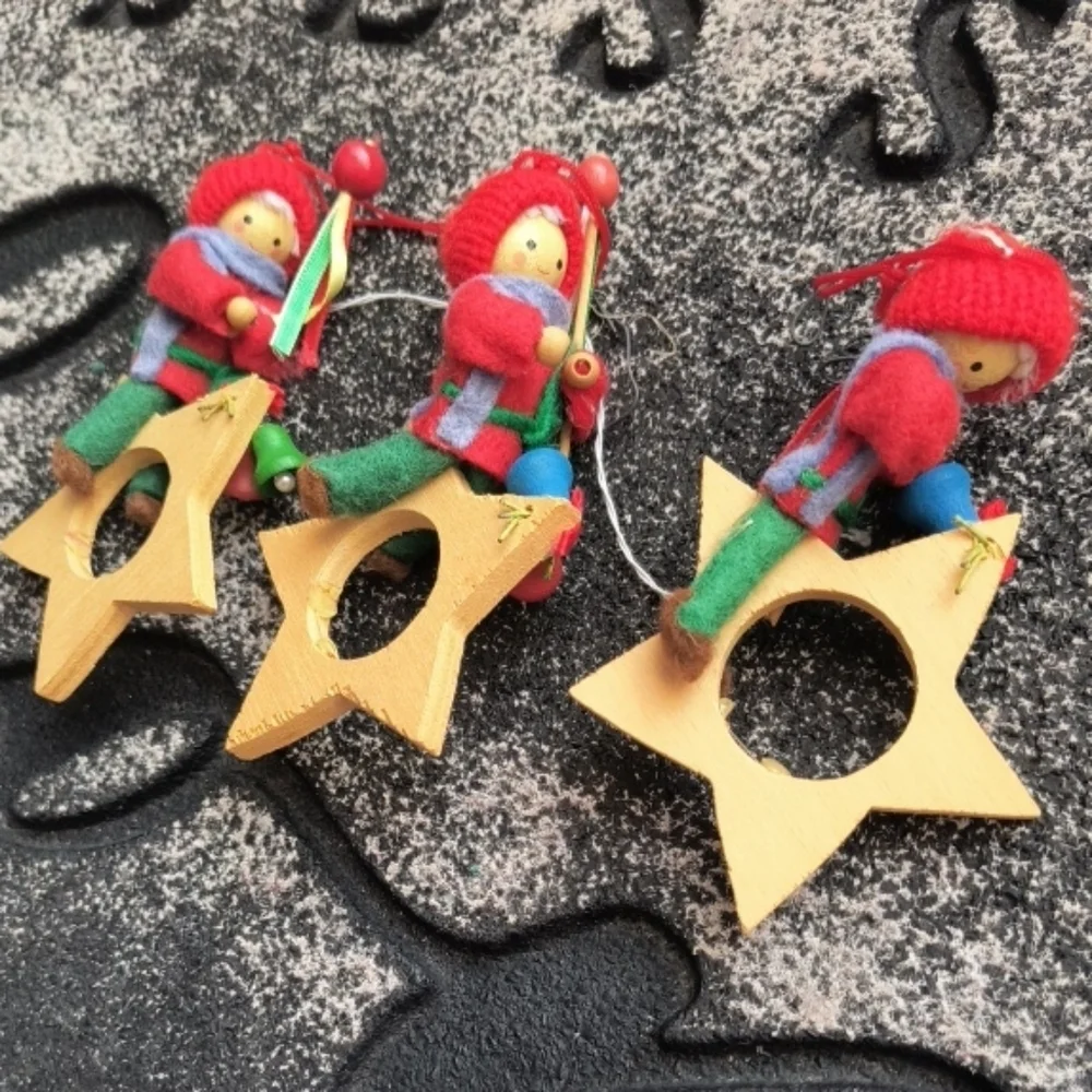 Vintage Christmas Wood Elf on Wooden Star Elf Boy Bells Stars German Erzgebirge